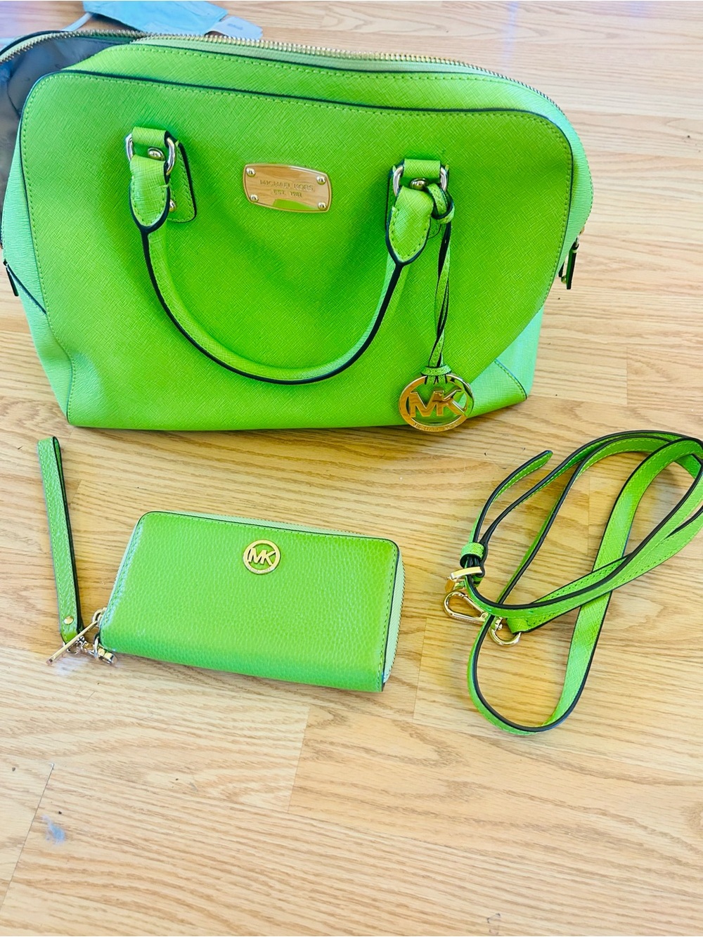 Michael Kors Neon Green Saffiano Satchel with Matching Wallet and Strap
